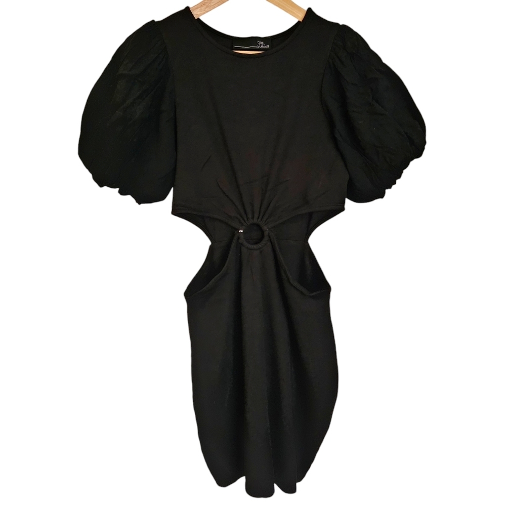 3rd + Fourth puff sleeve waist cutout mini dress‎ black